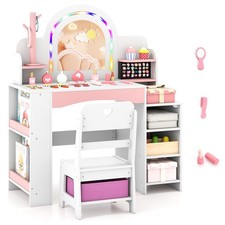 COSTWAY Princess Pretend Play Makeup Table Kids Vanity Desk w/Lights White