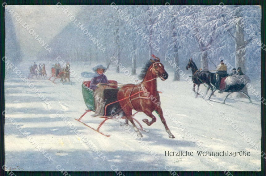 Artist Signed Cavallo Slitta Cavallo Natale BKWI 943 cartolina KF6479