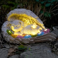 Dog Memorial Stone with Solar Angel Statue Pet Grave Marker for Garden Tomb