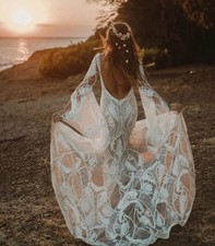 Vintage Boho Mermaid Wedding Dress Chic Lace Flare Sleeve Bridal Gowns Open Back