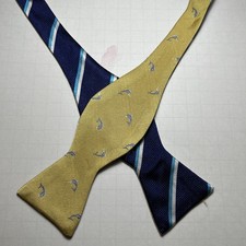Brooks Brothers Silk Bow Tie Striped Blue Yellow Fish Self Tie Aquatic USA GUC