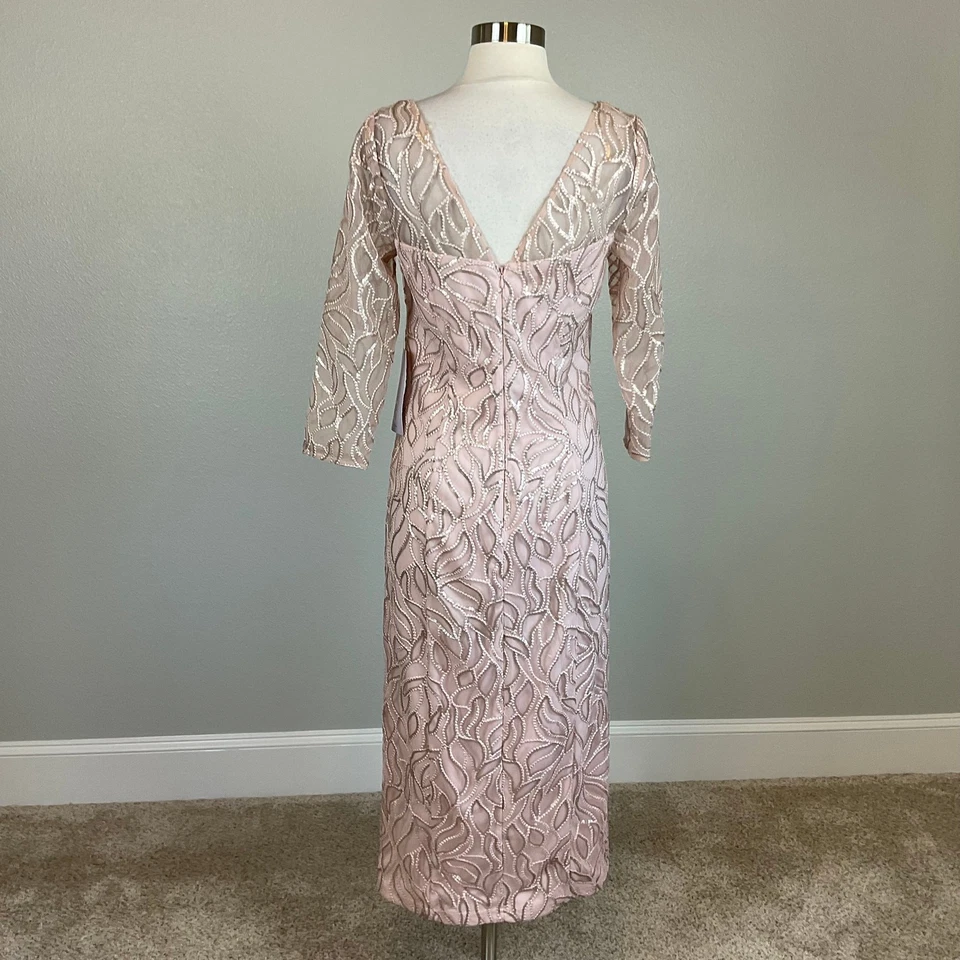 JS Collections Women's Formal Dress Size 6 Pink Sequined Long Sleeve Midi Sheath - Image 2 of 4
