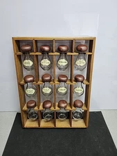 Vintage MCM Wood Spice Rack Hanging 12 Tear Drop Mushroom Glass Jar Mid Century