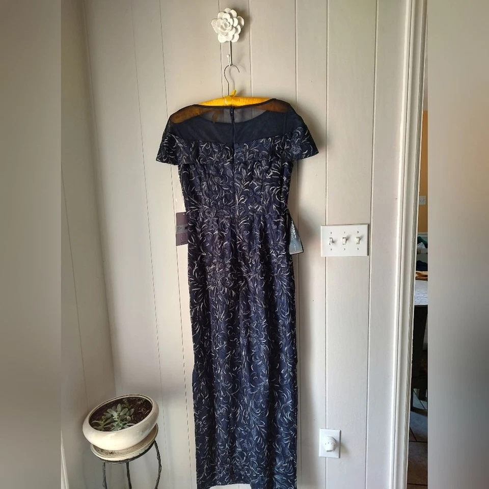 NWT JS Collections "Reese" Navy Column Gown with Sheer Illusion Neckline Size 8 - Image 3 of 4