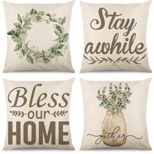 Set of 4 Decorative Spring Wreath Pillow Covers 18 x 18 Inches - Summer Flora...