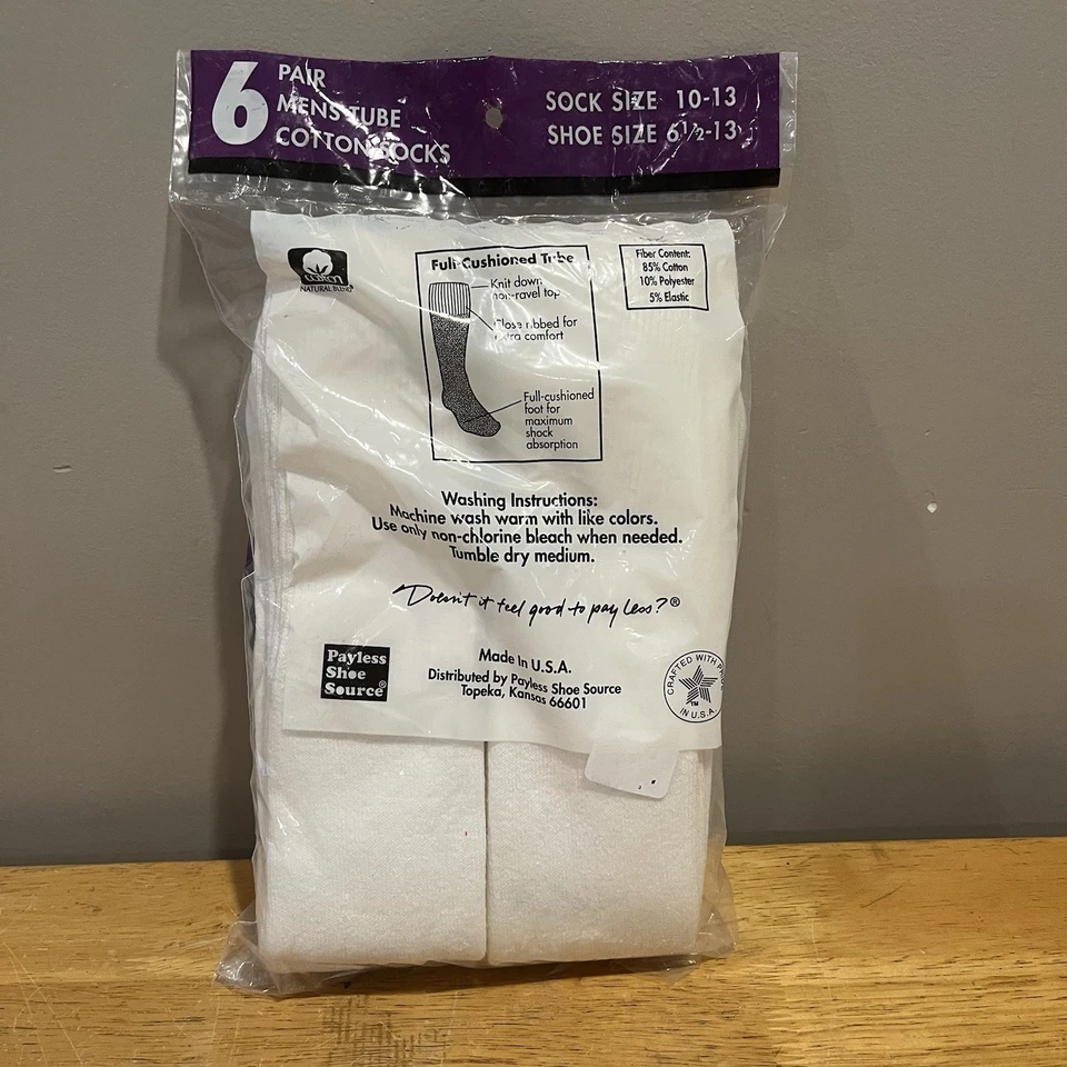 Payless Vintage Para Hombre Calcetines Tubo Doble Longitud 6 Pares Hechos en EE. UU. Mezcla de Algodón Nuevo de Lote Antiguo Foto 3 de 4