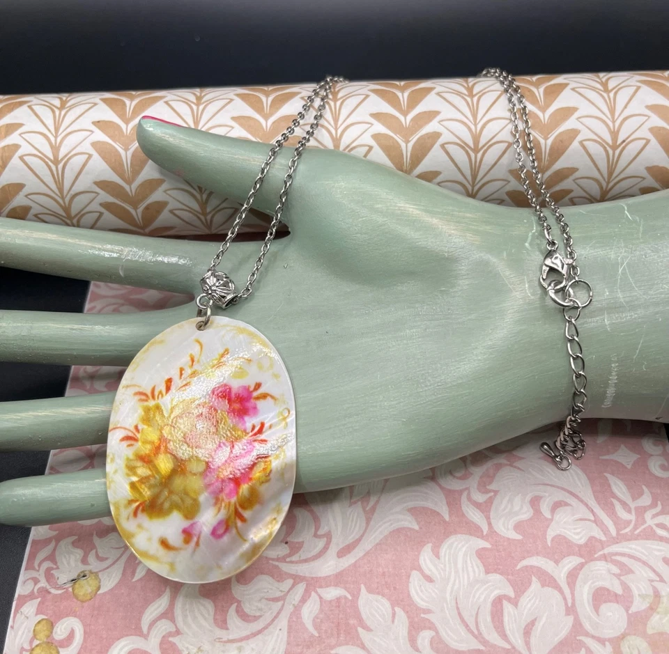 Mother Of Pearl 2" Oval Flower Pendant Necklace With Shades Of Pink Flowers - Image 4 of 4