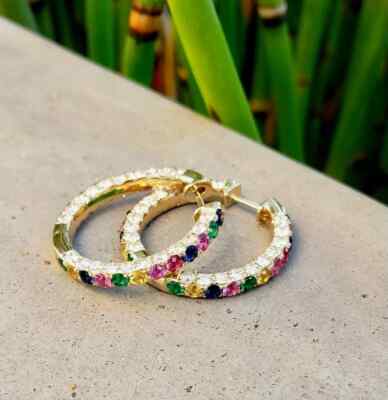 2Ct Round Cut Simulated Emerald Rainbow Hoop Earring 14K Yellow Gold Plated