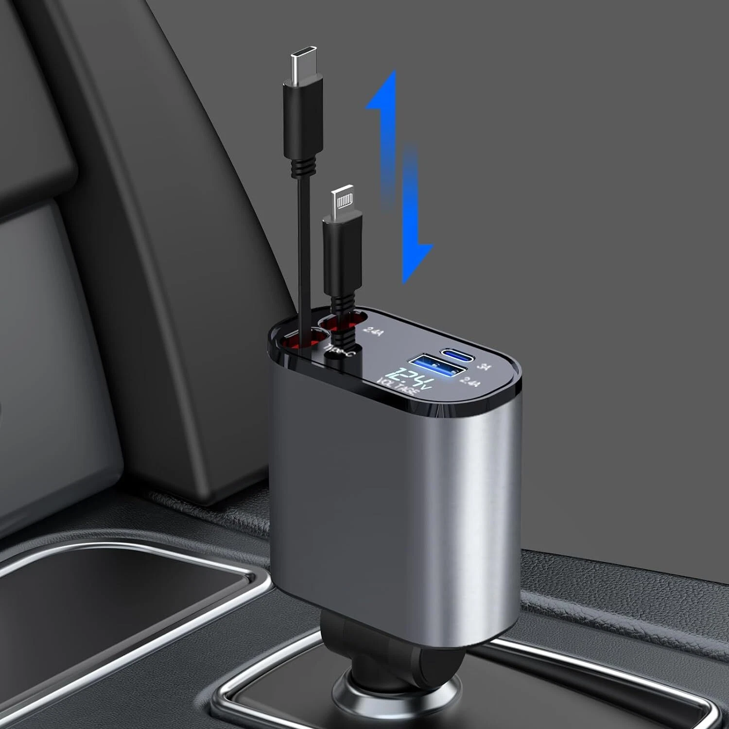Retractable Car Charger 4 in 1 Fast Car Phone Charger 120W with USB Type C Cable Retractable Car Charger 4 in 1 Fast Car Phone Charger 120W with USB Type C Cable