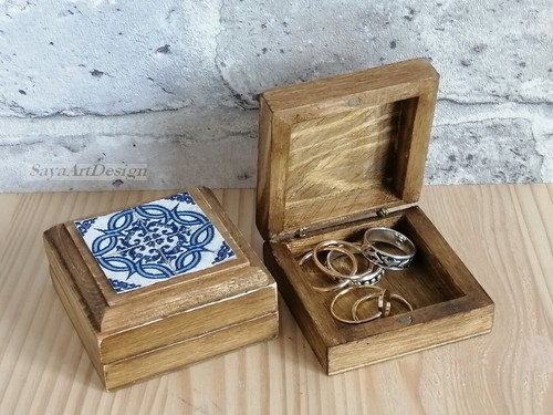 Holz Ring Box mit Fliesen Designs. Verlobungs Ring Box. Hochzeits Ehering. - Bild 4 von 12