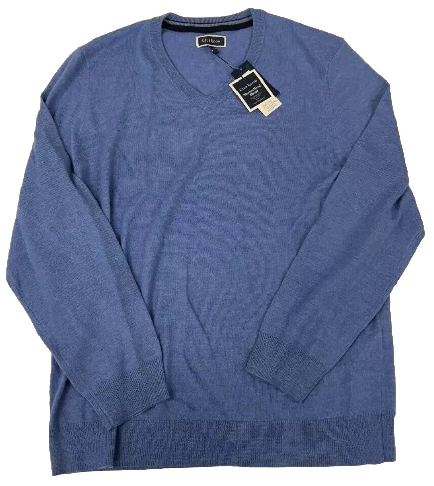 NWT Club Room Sweater Men L Blue Merino Wool V-Neck Long Sleeve