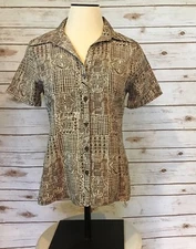 KIM ROGERS ESSENTIALS Geometric Shirt Womens S Brown/Cream Poly S/S Button Front