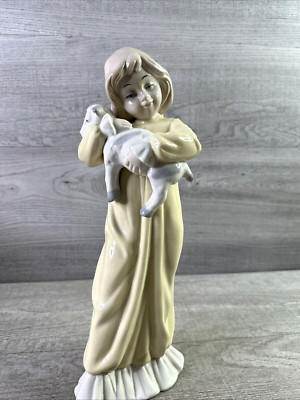 Vintage Duncan Royale Girl Holding Lamb Yellow Gown 12  Bone China Figurine
