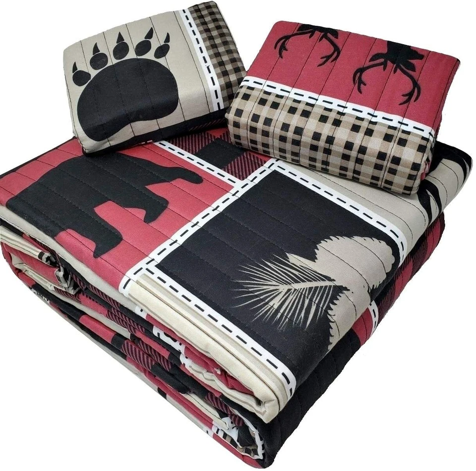 Набор лоскутных одеял Queen Lodge Life из 3 предметов черный медвежья лапа лось олень орел красный буйвол чек - Изображение 4 из 4