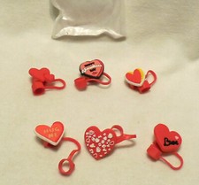 6 Straws  Cover Caps Toppers HEARTS 11" straws Reusable Plastic Flex Valentine