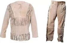 Men's Native American Buckskin Bucksin Suede Leather Fringe War Shirt Pants Suit