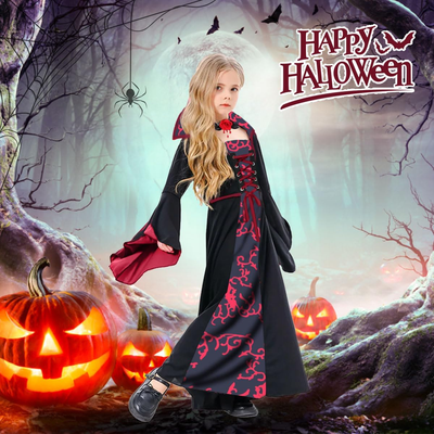 Vampir Kostüm Für Mädchen - Gothic Kleid Mit Halskette & Band, Halloween Verkleidung Kinder