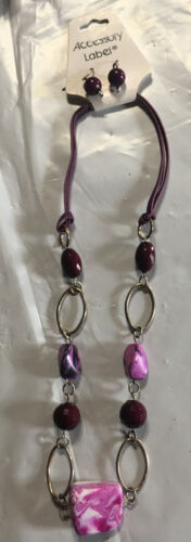 Necklace Earring Silver Tone Purple Chain Set Pierce Accessory Label New Jewerly