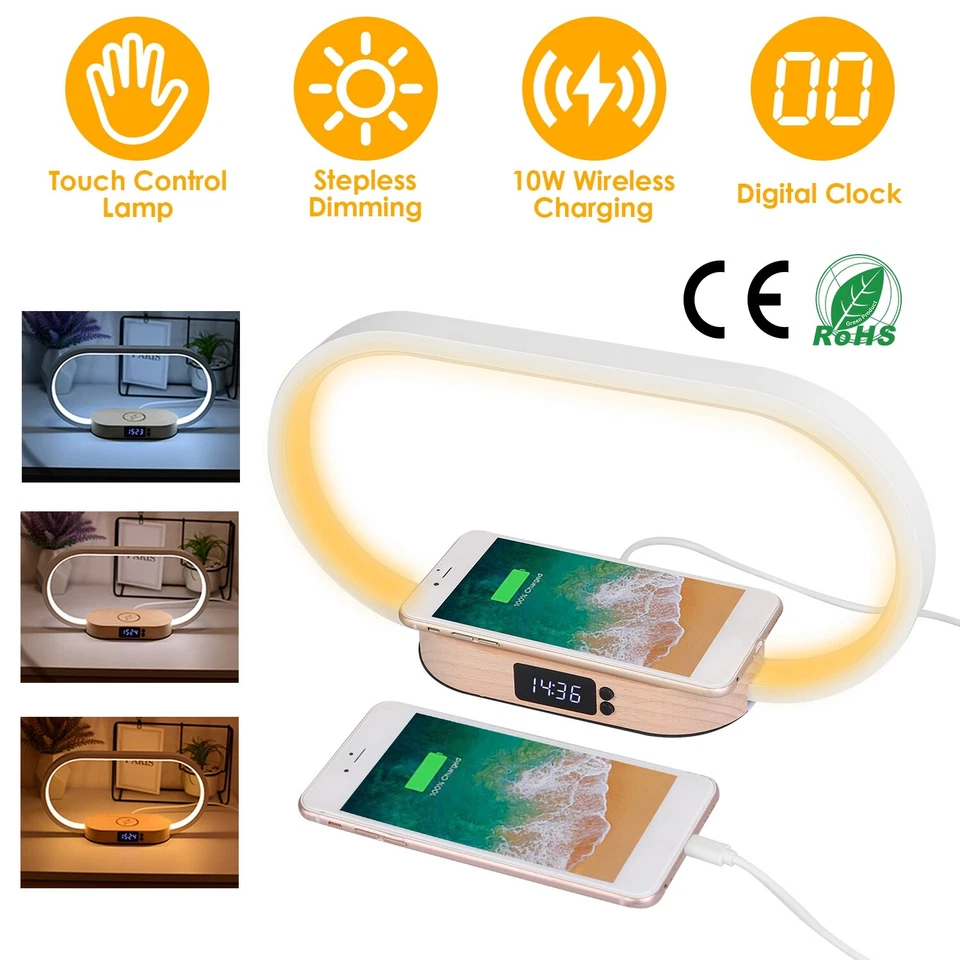 Bedside Lamp with Clock 10W Fast Wireless Charger USB Port Nightstand Touch Lamp - Image 2 of 4