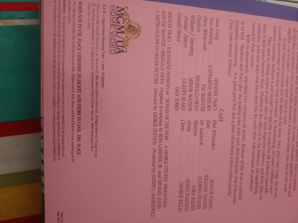 Woman of the Year * Spencer Tracy Katharine Hepburn Fay Bainter. Laserdisc VG Foto 3 de 4