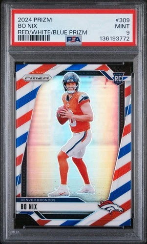 2024 Panini Prizm Bo Nix #309 Red White Blue Rookie RC Denver Broncos PSA 9 Mint