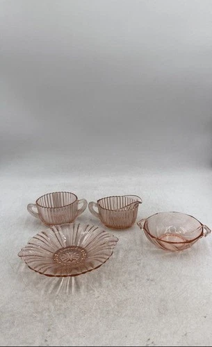 Pink Depression Glass Old Cafe Bowl Plate Sugar And Creamer Dishes 4 Pieces Set
