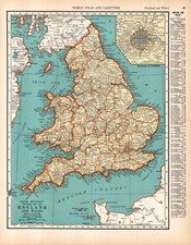 1938 Antique MAP of ENGLAND & WALES Map Vintage England Atlas Map 2884