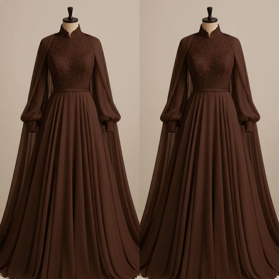 Chiffon Wedding Dresses with Cape Long Sleeeves Appliques Neck Bridal Gowns - Image 2 of 4