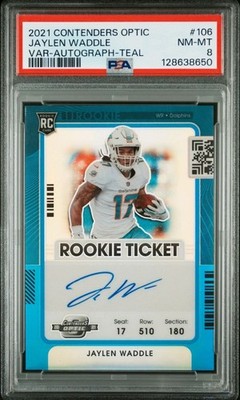 2021 Jaylen Waddle PSA 8 Auto PANINI CONTENDERS OPTIC ROOKIE TICKET TEAL /35 