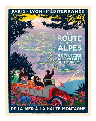 Vintage-Reiseplakat-Wandkunst Alpen-Panoramastra�e Berglandschaft