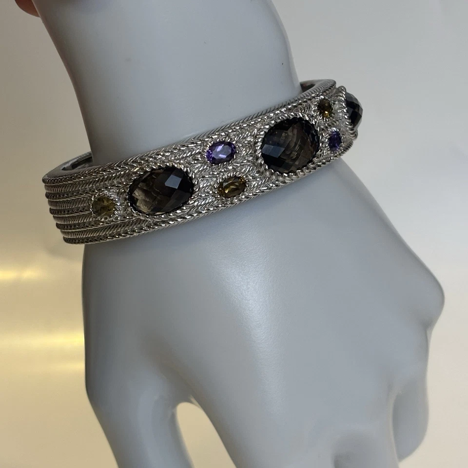 Judith Ripka Bracelet Hinged Cuff 7.5 Smoky Quartz Amethyst Sterling Silver 80g - Image 4 of 4