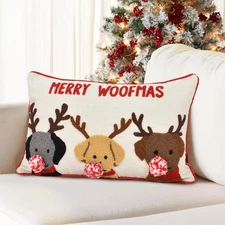 Merry Woofmas Christmas Pillow Covers 12x20, Cute Dog Embroidered Christmas Thro