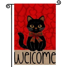 Valentines Day Welcome Garden Flag Black Cat Love Hearts Flag 12x18 Inch Outside