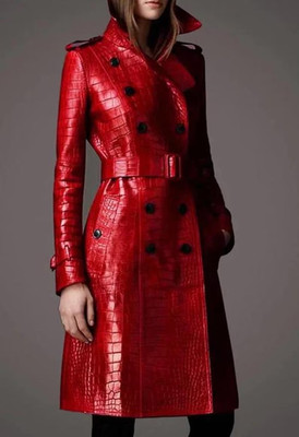  Women's Genuine Crocodile Pattern Red Lambskin Leather Trench Coat Black