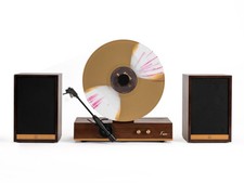 Fuse GLD Vertical Vinyl Record Player with Speakers, Bluetooth, Wood - Gold Trim