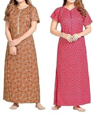Women's Cotton Printed Nighty Night Gown Maxi Free Size Pack of 2, Multi C