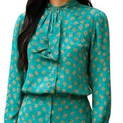 J.A Higgins Women's Plus Size 14 Ruffle Neck Long Sleeve Paisley Top Blouse Teal