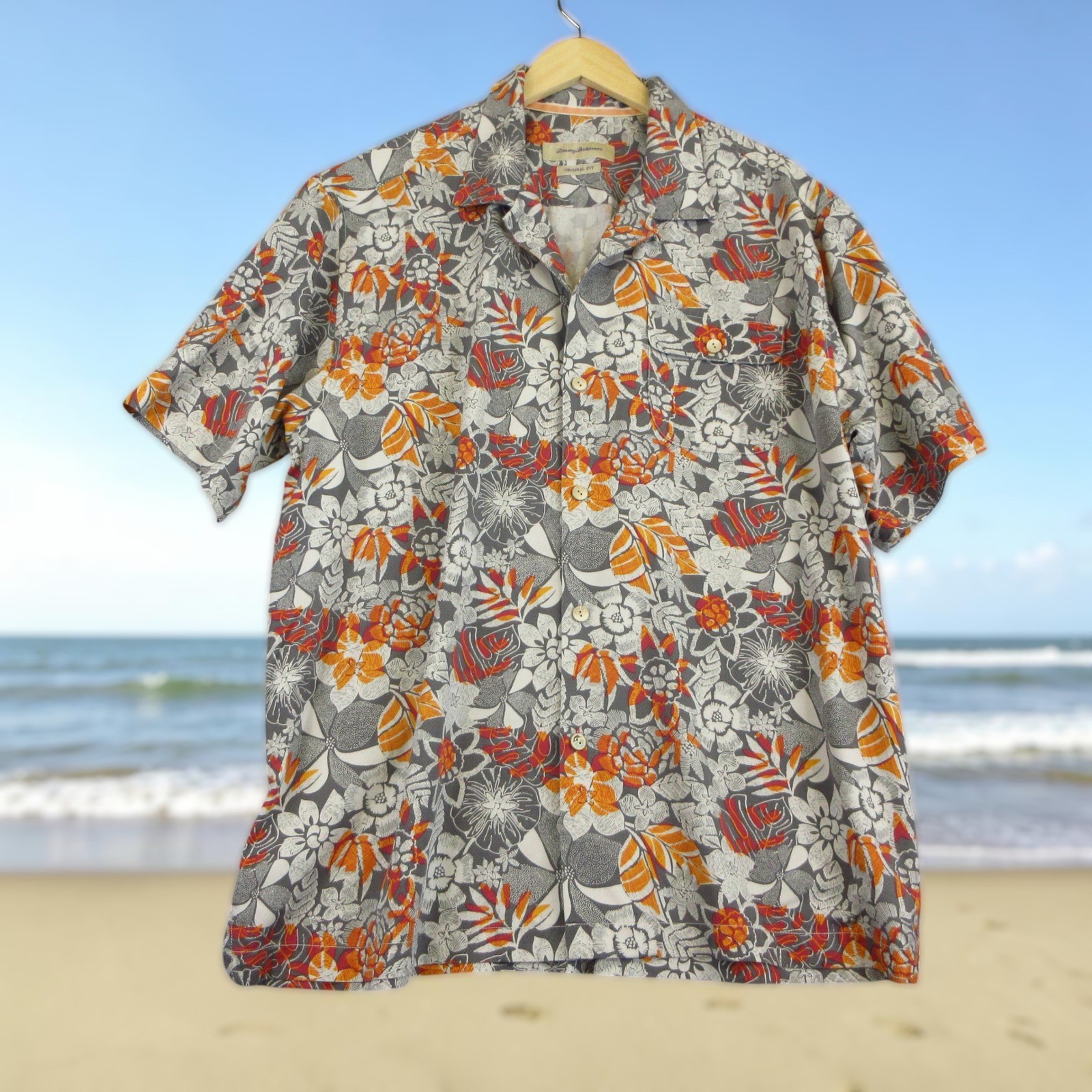 Tommy Bahama Shirt Mens XL Grey Orange Floral Silk Blend IslandZone Camp Aloha