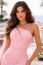Long Blush Pink Beaded One Shoulder Cut Out Cape Side Slit Prom Dress Size 8