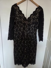 M&S Collection Black Lace Dress Size 12-14 Long Sleeve Scalloped V Neckline