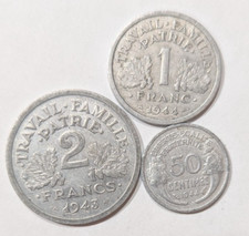 Lot Of (3) 1944 France Coins - 50 Centimes, 1 And 2 Francs - French - WWII Era