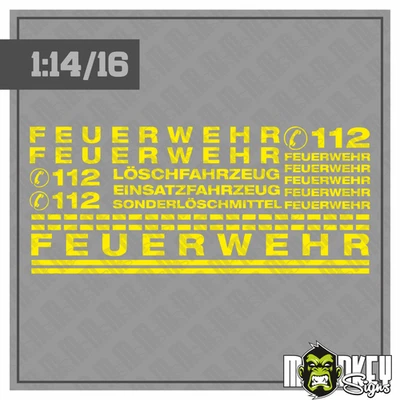 MONKEY SIGNS 18 teiliges Aufkleber Set Feuerwehr gelb passend für 1:14 & 1:16 RC LKW Truck