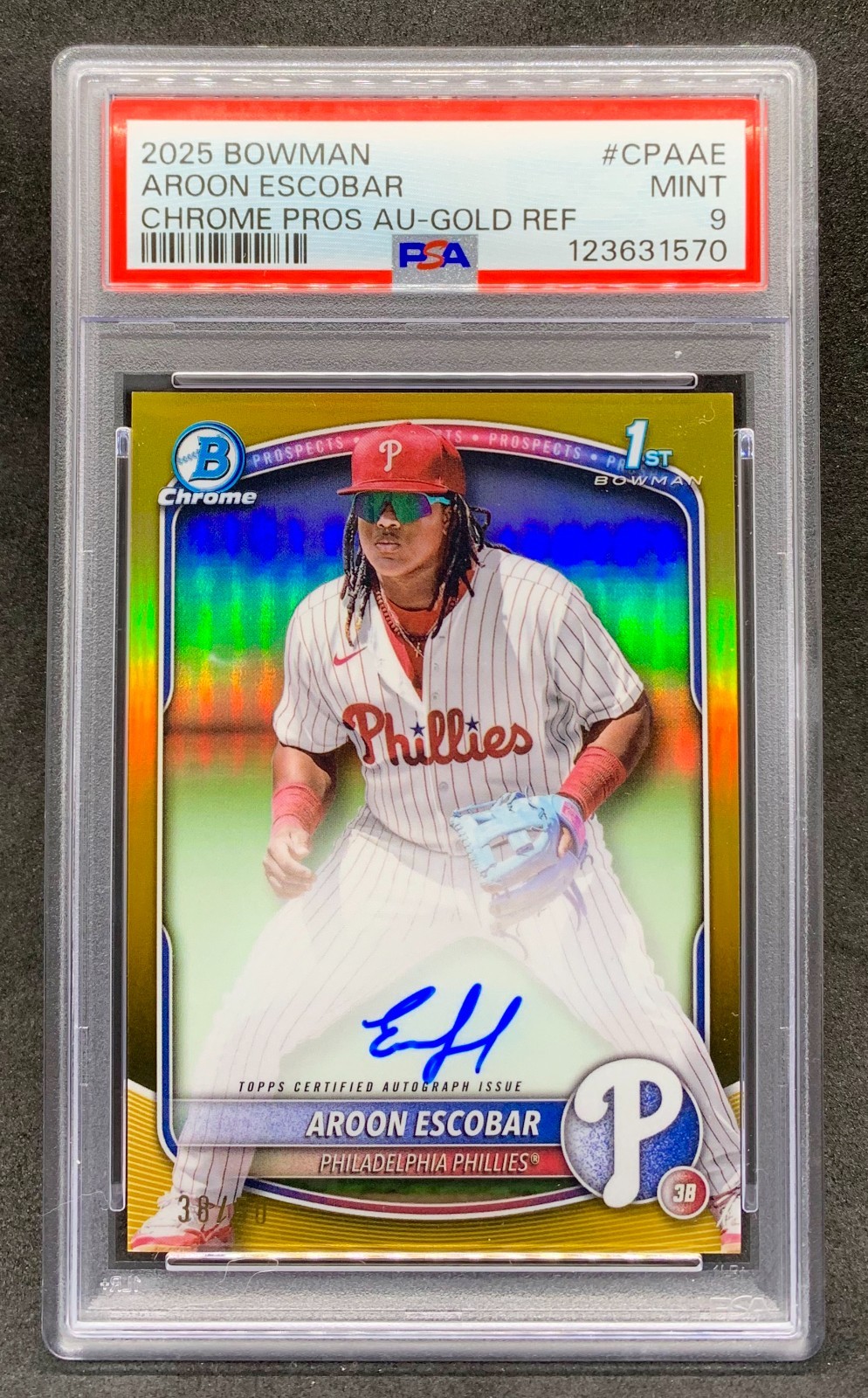 2025 Bowman Chrome AROON ESCOBAR Gold Refractor 1st Auto SP /50 Mint PSA 9