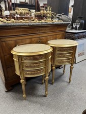 Pair Oval French Gilt Gilded Marble Top Louis XVI Bedside Lamp Tables Chest