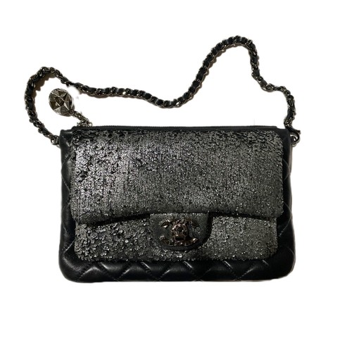 NEW Authentic Black & Silver Lamb Skin Leather CHANEL Textured Bag
