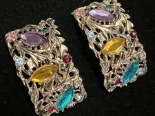 Vintage Musi Shoe Clips Buckles Multicolored Rhinestones Ornate Filigree—-805
