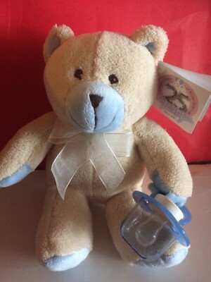 Stephan Baby Tan Blue Teddy Bear Pacifier Plush 9