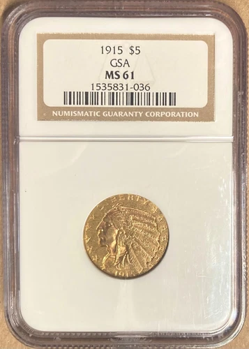 1915 NGC MS61 Indian Head $5 Gold Half Eagle - GSA