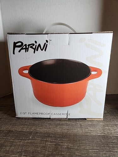 PARINI Orange 2 QT. Quart FLAMEPROOF CASSEROLE Dish with Lid, New in Box - Picture 2 of 4
