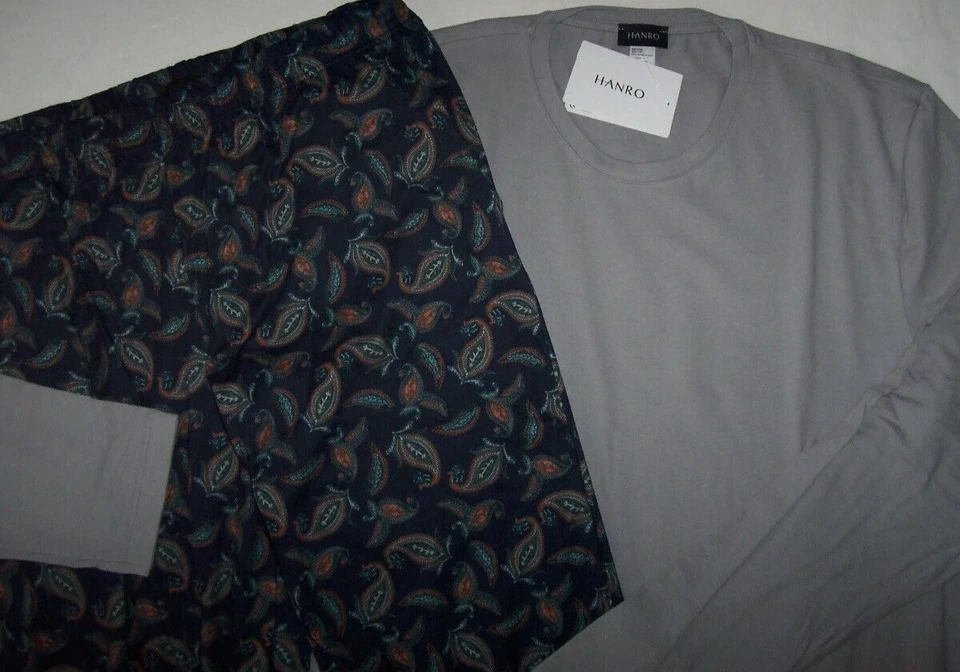Nuevo con etiquetas Juego de pijama tejido algodón noche y día floral azul marino gris Hanro XL Foto 2 de 4